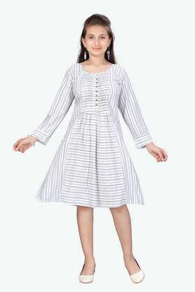 stripes cotton round neck girls casual wear dress - grey