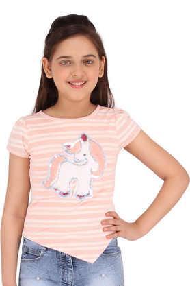 stripes cotton round neck girls top - peach