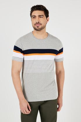 stripes cotton round neck men's t-shirt - grey melange