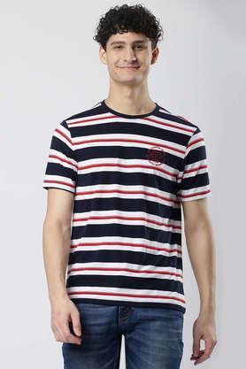 stripes cotton round neck men's t-shirt - navy