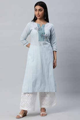 stripes cotton round neck women's casual wear kurta - blue