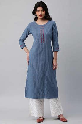 stripes cotton round neck women's casual wear kurta - blue