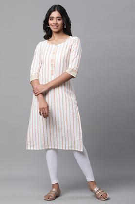 stripes cotton round neck women's casual wear kurta - multi