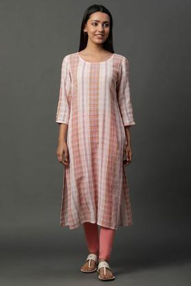 stripes cotton round neck women's casual wear kurta - pink