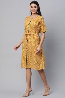 stripes cotton round neck women's knee length dress - mustard