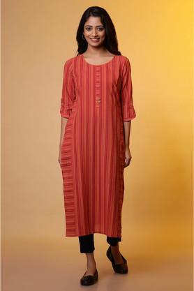 stripes cotton round neck women's kurta - orange