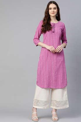 stripes cotton round neck women's kurta - purple