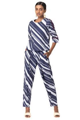 stripes cotton round neck women's kurta trouser set - indigo