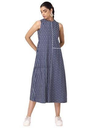 stripes cotton round neck women's midi dress - blue