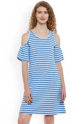 stripes cotton round neck women's mini dress - blue