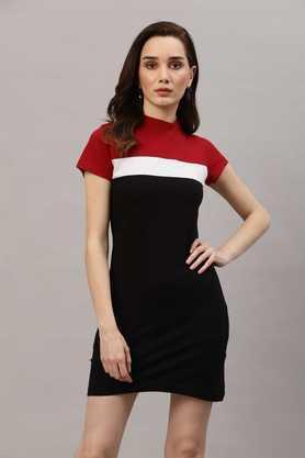 stripes cotton round neck women's mini dress - maroon