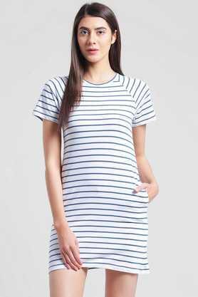 stripes cotton round neck women's mini dress - white