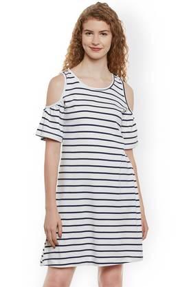 stripes cotton round neck women's mini dress - white