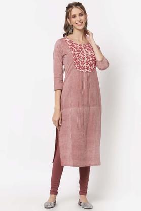 stripes cotton round neck women's straight kurta - maroon