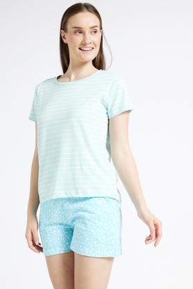 stripes cotton round neck women's t-shirt - aqua