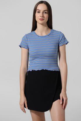 stripes cotton round neck women's t-shirt - blue