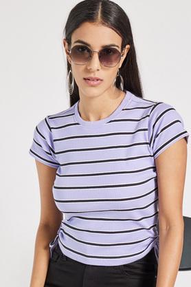 stripes cotton round neck women's t-shirt - lilac