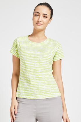 stripes cotton round neck women's t-shirt - lime green