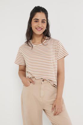 stripes cotton round neck women's t-shirt - natural