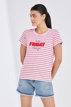 stripes cotton round neck women's t-shirt - pink