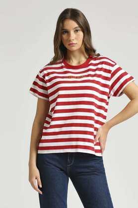 stripes cotton round neck women's t-shirt - red