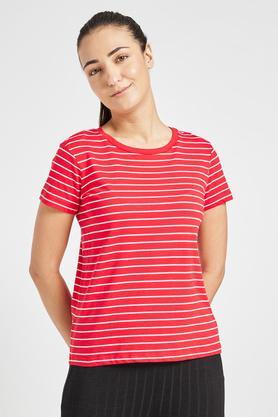 stripes cotton round neck women's t-shirt - red