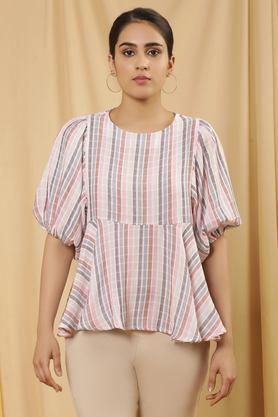 stripes cotton round neck women's top - pink