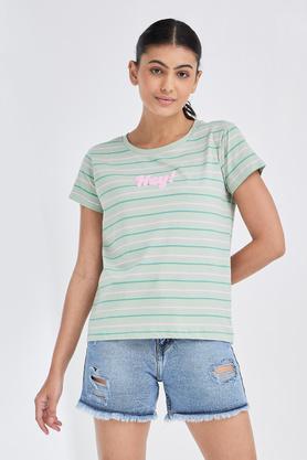 stripes cotton round neck womens t-shirt - green