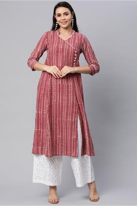 stripes cotton v neck women's casual kurta - maroon