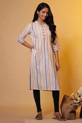 stripes cotton v-neck women's casual wear kurta - multi