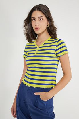 stripes cotton v-neck women's t-shirt - green