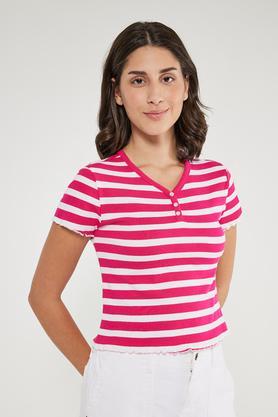 stripes cotton v-neck women's t-shirt - pink