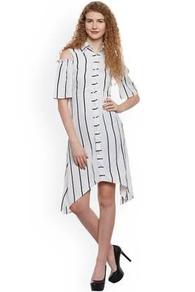 stripes crepe collared women's mini dress - white