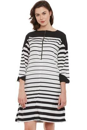 stripes crepe round neck women's knee length dress - black