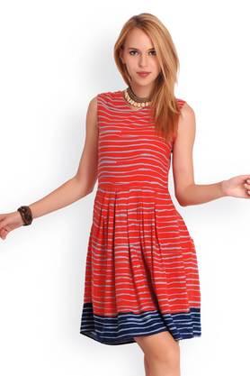 stripes crepe round neck women's knee length dress - red