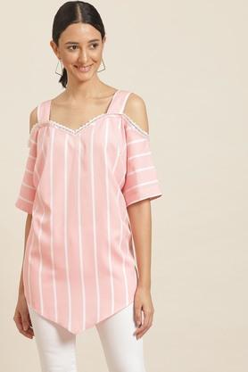 stripes crepe sweetheart neck womens tunic - pink