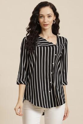 stripes crepe v neck womens casual shirt - black