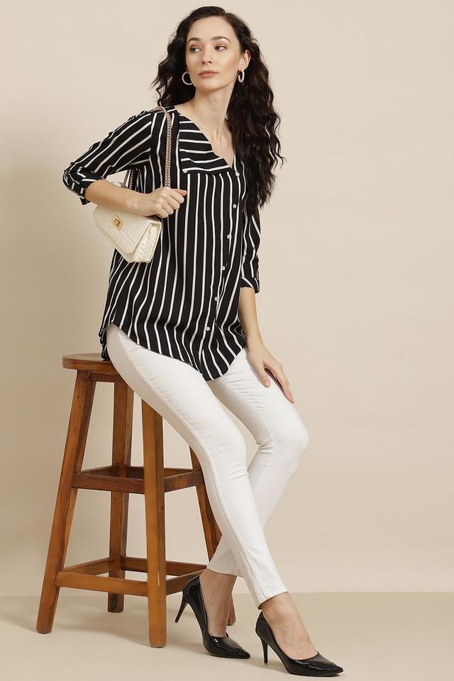 stripes crepe v neck womens casual shirt