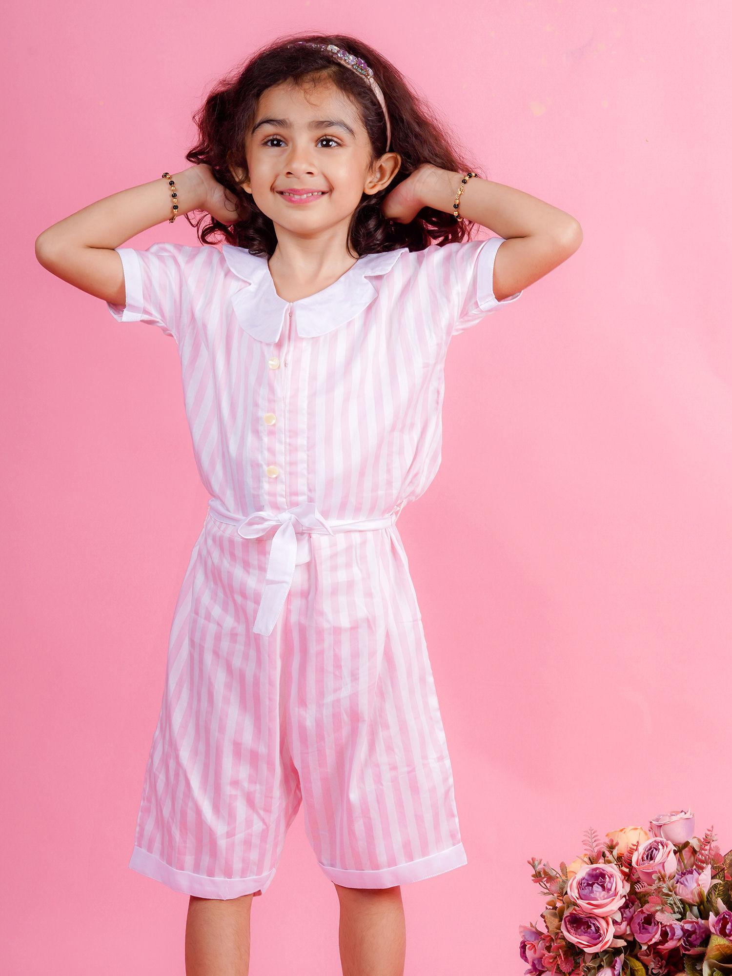 stripes drop sleeves white collar cotton jumpsuit with tie up belt pink