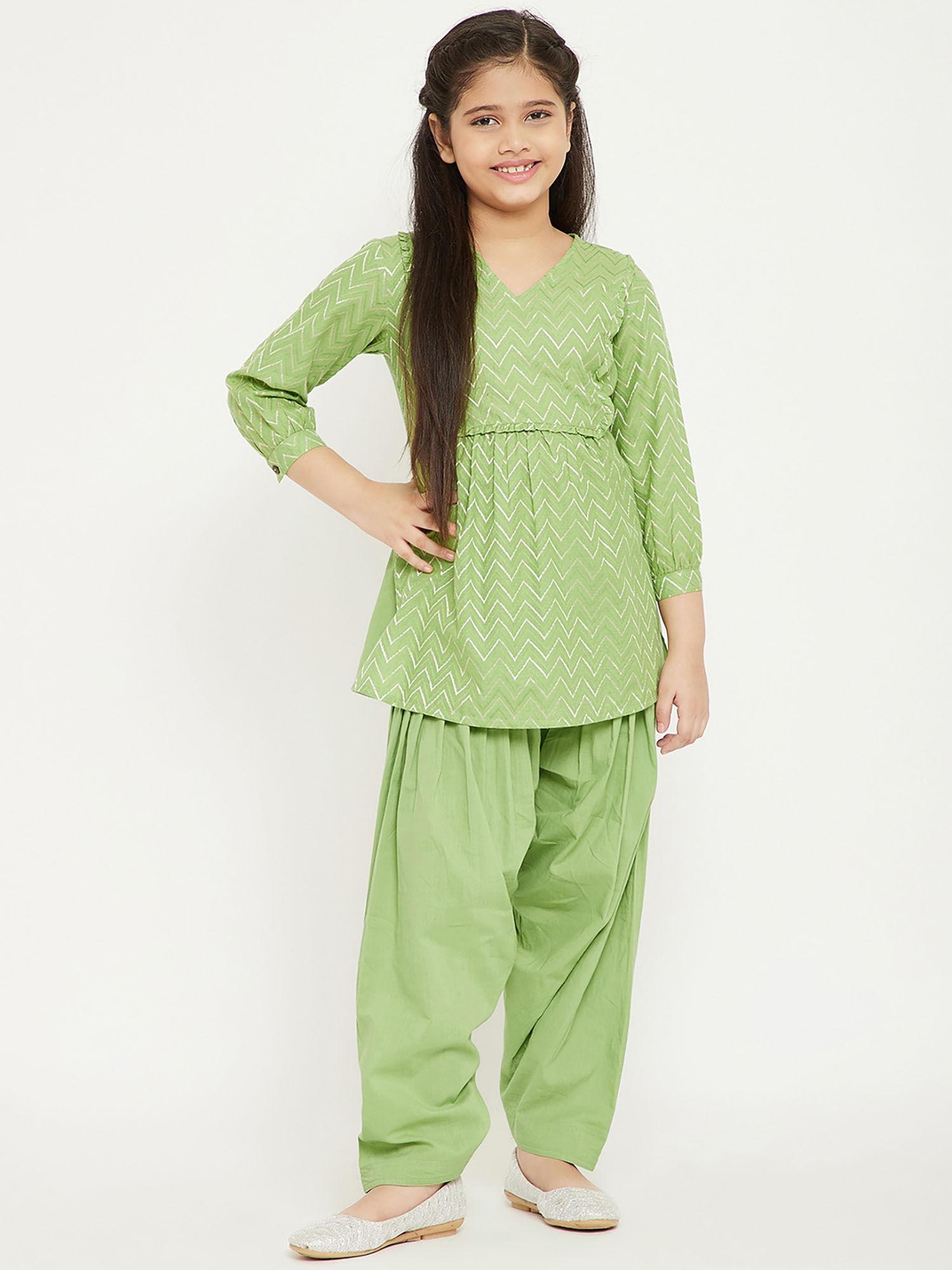 stripes embroidery v neck 3/4 sleeves kurti with pyjama green (set of 2)