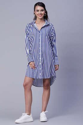 stripes faux crepe collared women's maxi dress - blue