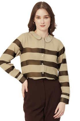 stripes faux georgette collared women's top - brown