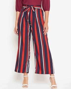 stripes flat-front pants with tie-up waist