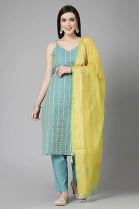 stripes full length cotton women's kurta set - aqua