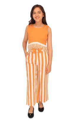 stripes georgette regular fit girls clothing set - mustard