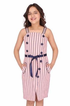 stripes georgette square neck girls casual wear dress - pink