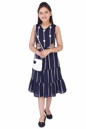 stripes georgette v neck girls casual wear dress - navy