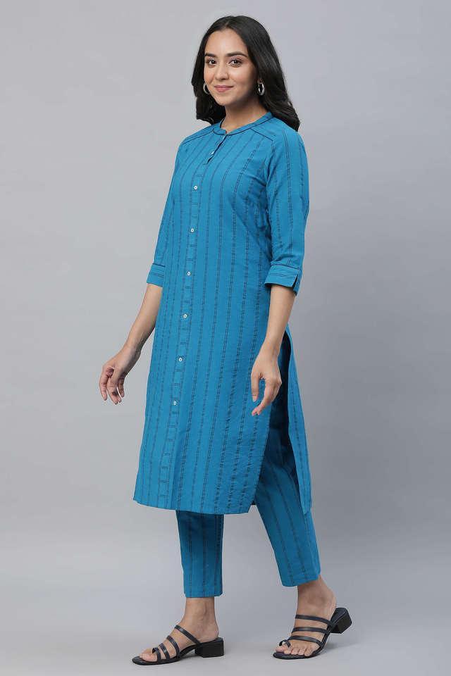 stripes knee length cotton woven womens kurta _ trouser co-ord set