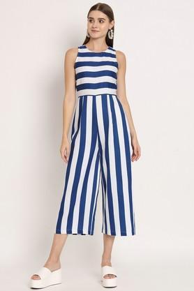 stripes linen regular fit women's jumpsuit - blue