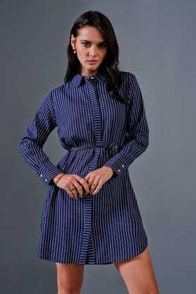 stripes linen women's knee length dress - blue